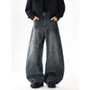 Moda transfronteiriça estilo americano estampa de leopardo azul unissex solto casual senso de design retrô cimitarra calças compridas de perna larga jeans
