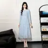 Vestido largo de encaje de alta calidad, estilo nuevo, inspirado en Chanel, para ceñir la cintura y estilizar, con cinturón en color albaricoque