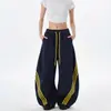 Pantalones de pierna ancha tipo cimitarra con bloques de color y tres rayas estilo retro americano para mujer, versátiles para ir al trabajo, diarios, a rayas, casuales, modernos