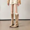 Botas de tacón grueso con tacón apilado, punta fina y caña ancha de gamuza, estilo único, botas vaqueras western vintage, botas largas plisadas para mujer