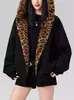 Sudadera Cálida de Orejas de Conejo Lindas para Otoño e Invierno Chaqueta de Forro con Estampado de Leopardo con Cremallera y Capucha