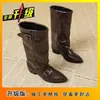 Botas de salto alto robusto estilo retrô coreano para mulheres, novo modelo outono e inverno 2025, versátil com fivela de metal e bico redondo