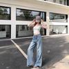 Foto Real~Jeans Retrô Lavados de Perna Larga para Mulheres, Design de Nicho, Calças Retas Soltas de Cintura Alta até o Chão 84639
