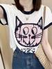 Camiseta de punto de seda fina de hielo para mujer, camiseta de verano con diseño de nicho, estilo gato, holgada, adelgazante, de manga corta, a la moda.