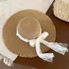 Sombrero de Paja con Lazo de Encaje para Mujer Verano Francés Ala Ancha Sombrero de Protección Solar Vacaciones en la Playa Junto al Mar Sombrero para el Sol