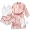 Amazon Pijama Sexy Feminino Europeu e Americano Conjunto de 4 Peças Renda Cetim Tentação Pijama Camisola Camisola Atacado