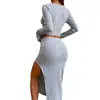 Conjunto de Saia Casual Slim Fit de Cor Sólida com Gola Redonda e Manga Longa com Fenda Lateral - Roupas Femininas Transfronteiriças Europeias e Americanas Outono e Inverno 2026