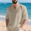 Camisa Casual de Lino para Hombre, Transfronteriza Europea y Americana, Holgada, Cuello en V, Manga Larga, Color Sólido, Holgada, Algodón-Lino, Transpirable, Camisa Base