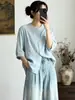 Camisa de Gasa de Algodón de Doble Capa con Cuello Alto y Mangas Medias para Mujer, Ropa de Verano, Estilo Japonés de Exportación, Top Suave y Amigable con la Piel de Algodón Puro de Media Manga