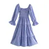 Vestido xadrez azul com laço outono feminino novo estilo europeu e americano 9467