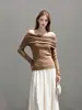 Deslumbrante Top Interno de Manga Longa de Alta Qualidade Camada Base Outono Suéter Cropped Chique Estilo Francês para Mulheres Tomara que Caia 6272