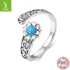 Anillo Abierto de Girasol Turquesa Retro Original Yinziyun Anillo de Plata de Ley S925 Tallado Clásico Francés