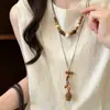 Collar de cordón de cuero con cuentas de madera y colgante cuadrado geométrico, cadena para la clavícula de estilo étnico vintage, accesorio de diseño nicho