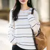 Nueva colección transfronteriza de otoño e invierno: suéter de punto de algodón puro a rayas para mujer, corte holgado, cuello redondo, manga larga, talla grande