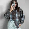 Verão Novo Xadrez Estilo Retro All-match Casual Lapela Manga Longa Cardigan Camisa Europeia e Americana Poliéster Algodão Blusa de Comércio Exterior