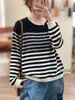 Suéter de Punto Rayado Retro Nuevo de Primavera y Otoño para Mujer, Pulóver Artístico de Hilo de Algodón, Manga Larga, Holgado, Versátil, Ropa de Punto al por Mayor