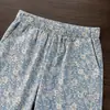 Calça de Pijama Feminina Miss Bunny Estilo Preguiçoso Floral Azul Wide-Leg Verão Caimento Fluido Casual Longa Adequada para Uso em Casa e ao Ar Livre