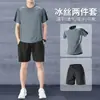 Traje deportivo de running de secado rápido para hombre, shorts de manga corta de seda helada para entrenamiento en el gimnasio, ropa de bádminton, top holgado, camiseta