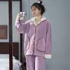 Traje de Coral Fleece Grueso Cálido Color Sólido para Mujer, Pijama de Franela Snow Fleece Talla Grande para Otoño e Invierno
