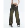 Calça jeans feminina estilo retrô americano, calça jeans amarela tingida com lama e perna larga, design de outono e inverno, calça de chão