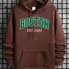 Moletom Masculino Estiloso com Capuz e Cordão com Estampa de Boston, Perfeito para Outono e Inverno, Combinado com
