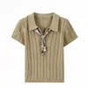 Traje Estilo Old Money: Gravata Lenço de Seda Francesa, Lapela Vazada, Camiseta Tricô de Manga Curta para Mulheres, Top Curto Soltinho de Verão