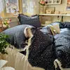 Juego de Cuatro Piezas de Encaje 100% Algodón Estilo Ins, Falda de Cama Estilo Coreano Clase A, Funda de Edredón de Algodón Puro, Juego de Tres Piezas de Encaje Vintage Estilo Princesa para Dormitorio