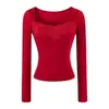 Camiseta de Manga Larga con Cuello Cuadrado y Parches de Encaje para Mujer Estilo Coreano Ropa Interior Base Adelgazante Otoño Nuevo Estilo AP26279