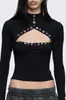 Camisa Básica de Manga Larga con Cuello Alto Botones Decoración Pecho Hueco Color Sólido Top Casual para Mujer Venta al por Mayor