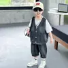 Conjunto de Três Peças Jeans Brilhante de Manga Curta para Meninos Verão Estilo Coreano Roupa Estilosa da Moda Infantil Roupas Frescas para Bebês
