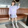 Conjunto de Saia Estilo Coreano Estilo Ocidental para Meninas 2024 Primavera & Outono Novo Estilo Moda Infantil Top Estampado Saia Xadrez Conjunto de Duas Peças
