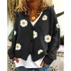 Cardigã de tricô com botões de abotoamento simples e bordado, suéter feminino de manga longa com decote V e caimento solto para uso casual e profissional
