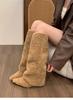 Sapatos de Salto Anabela Nicho Mais Algodão Pelúcia Botas Longas para Mulheres 2025 Novo Outono e Inverno Bico Fino Meia Panturrilha Botas de Cavaleiro
