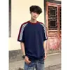 Camiseta de Manga Corta con Bloques de Color, Rayas y Parches Estilo Retro Americano, Algodón Puro para Hombre y Mujer, Top Deportivo Casual Holgado de Verano para Pareja