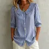 Camisa de mujer de lino a rayas de diseño de verano transfronterizo europeo y americano, nicho, para ir al trabajo, nueva, holgada, de manga corta