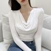 Primavera y Verano Corea del Sur Nuevo Cuello Swing Ajustado Cómodo Figura Elegante Combinable Cuello Alto Manga Larga Camiseta Básica para Mujer