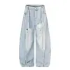 Jeans Lavado Desgastado Rasgado Estilo Americano Streetwear para Homens e Mulheres, Calça Casual Nova de Verão com Caimento Solto de Design de Nicho