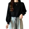 Suéter casual simples de cor sólida estilo coreano para mulheres baixinhas, moda outono e inverno, gola redonda, cordão, tricô pulôver solto, moderno