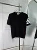 Venta Directa de Fábrica de Camisa de Lana de Punto Transpirable para Mujer de Verano de Manga Corta con Rayas de Cuatro Barras y Cuello Redondo de Alta Calidad