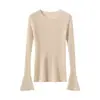 Suéter de cachemira para mujer, 100% cachemira de cabra pura, corte ajustado, cuello redondo, manga acampanada, estilo otoño e invierno