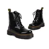Botas de Couro Femininas Tamanho 35-48 Outono e Inverno, Bico Redondo, Couro Envernizado, Sola Grossa, Plataforma Impermeável, Salto Médio, Zíper Lateral, Botas de Equitação de Cano Baixo para Mulheres