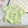 Camiseta de Manga Corta para Niña 2026 Verano Nueva Moda Color Sólido Top con Lazo Tridimensional Ropa de Verano de Media Manga