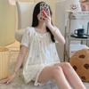 Pijamas de Verano para Mujer de Manga Corta Nubes Algodón Encaje Estilo Dulce 2025 Nuevo Verano Delgadas Ropa de Casa para Mujer