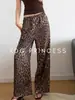 Calça Wide Leg Leopardado Relaxada Tendência, Calça Fresca de Ar Tencel Linho, Calça Longa Casual Retilínea Fluida de Verão Feminina