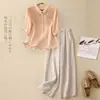 Conjunto de verano para mujer de talla grande, un conjunto elegante y cómodo de algodón y lino, con una camisa de lino que cubre el abdomen, se vende como conjunto de dos piezas