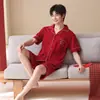 Boda de Verano Pijama Rojo Manga Corta Shorts Cárdigan para Hombre Recién Casado Festivo Cuello Solapa Conjunto de Ropa de Casa para Hombre