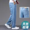Jeans Tencel Ultradelgados para Hombre, Pierna Recta Holgada de Verano, Casual Delgado, Retro Azul, Pierna Ancha, Tallas Grandes, Pantalones Largos de Seda Hielo