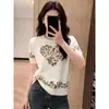 Top de punto floral de manga corta estilo francés para mujer, Novedad Verano 2026, Cuello redondo, Versátil, de alta gama, Casual