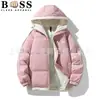 Jaqueta de Algodão Quente Masculina de Inverno Cor Sólida Estampada Manga Caída, Casaco de Algodão Confortável Larga Tendência Marca Casal com Capuz