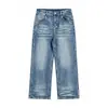 OUSWE Tendência Streetwear Casual Americano Jeans Reto de Perna Larga Calças Jeans Masculinas de Sarja Lavada Desgastada RK269